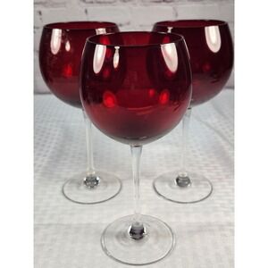 Brilliant Set 3 Lenox Ruby Red Balloon Holiday GEMS Wine Glasses Fine Crystal